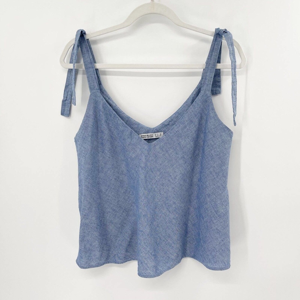 Zara Basic Z1975 Denim Chambray Tank Top Sz M Blue Linen Blend V-Neck Tie Strap